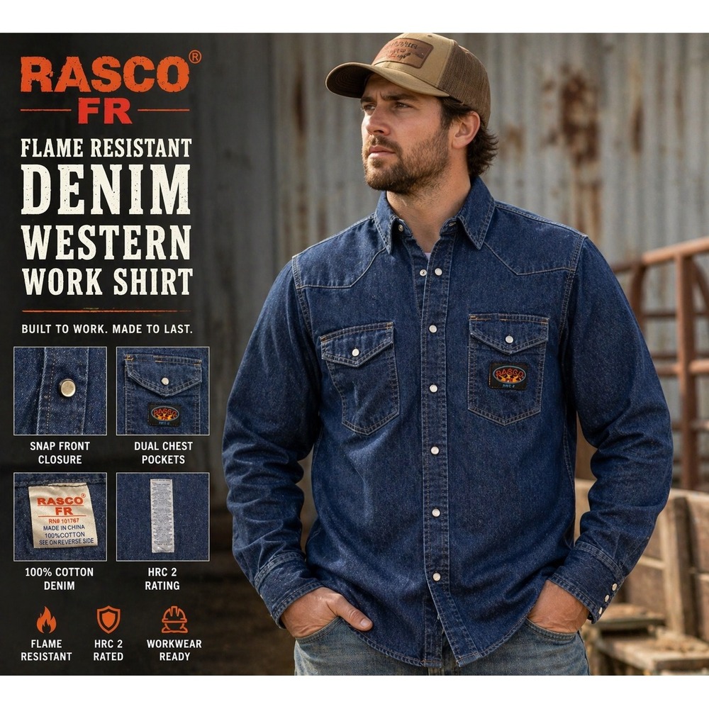 RASCO FR Denim Western Snap Work Shirt Flame Resistant Ranchwear Utility SZ 2XL